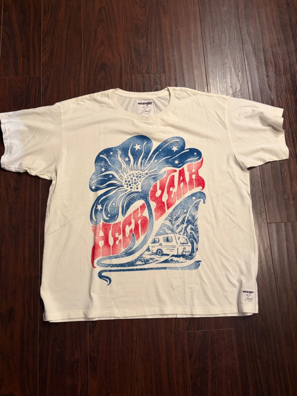 Wrangler Laney Wilson collab White OverTee with Blue and Red 'Heck Yeah' Graphic